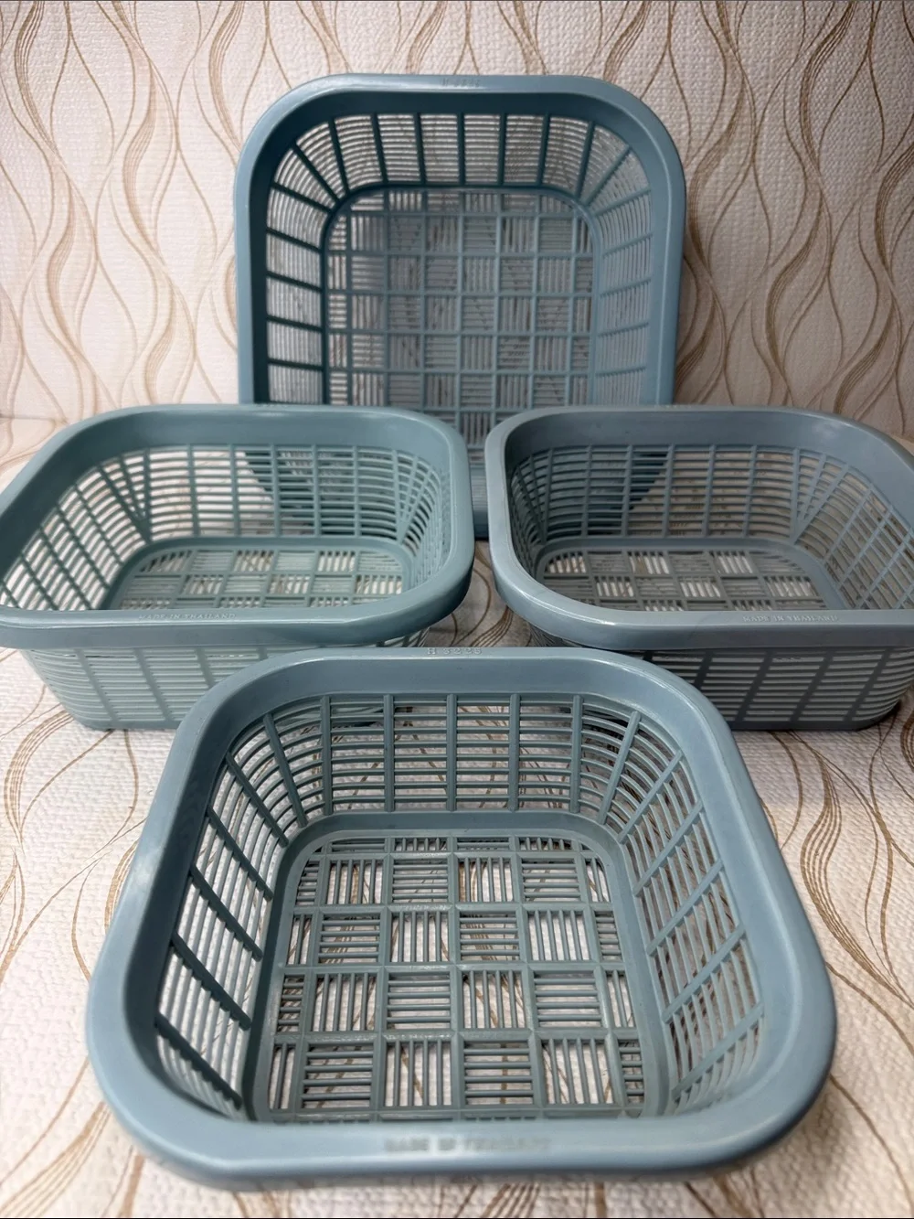 Vintage 4pc Made in Thailand Stackable Blue Plastic Footed Nesting Baskets
